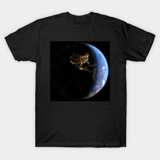 Earth surrounded by an intricate network of interconnected satellites in space. T-Shirt